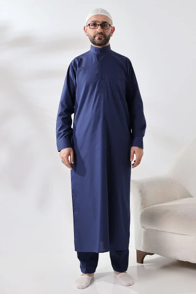 Navy Blue Sycamore Dagron Fabric Men's Hajj Umrah Outfit - IHVAN ONLINE