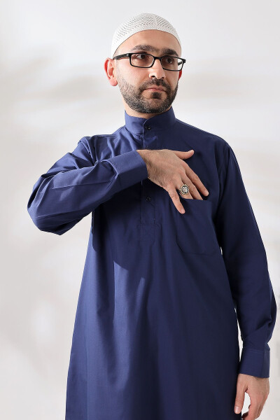 Navy Blue Sycamore Dagron Fabric Men's Hajj Umrah Outfit - 6