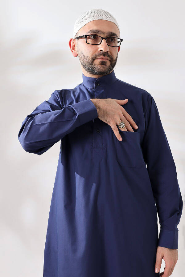 Navy Blue Sycamore Dagron Fabric Men's Hajj Umrah Outfit - 6