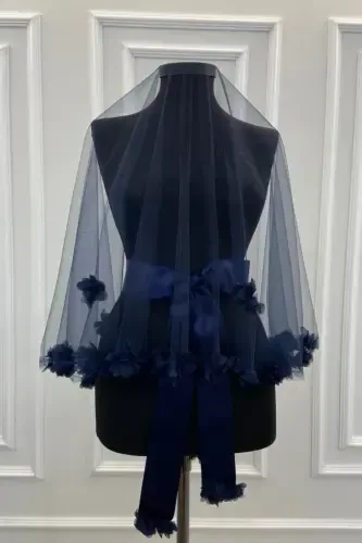 Navy Blue Three Dimensional Bridal Veil Set-Navy Blue - 1