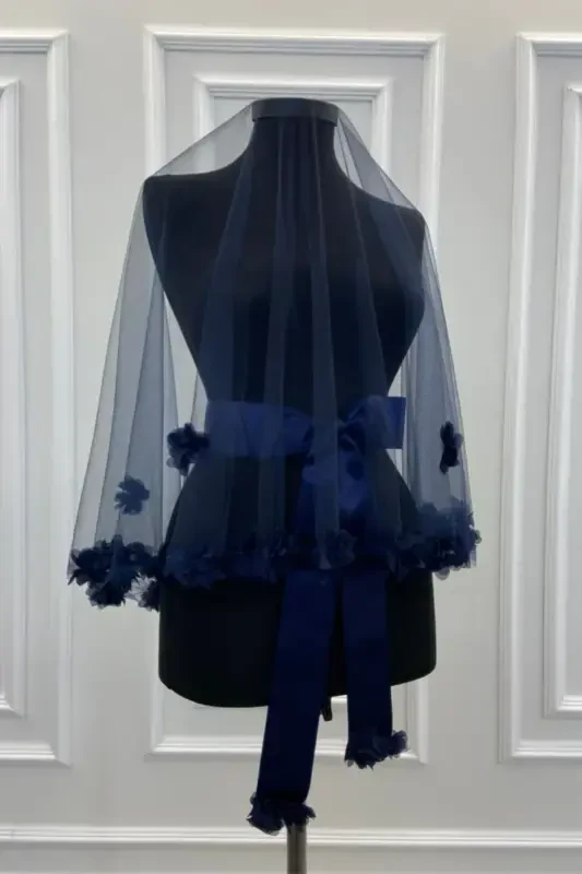 Navy Blue Three Dimensional Bridal Veil Set-Navy Blue - 2