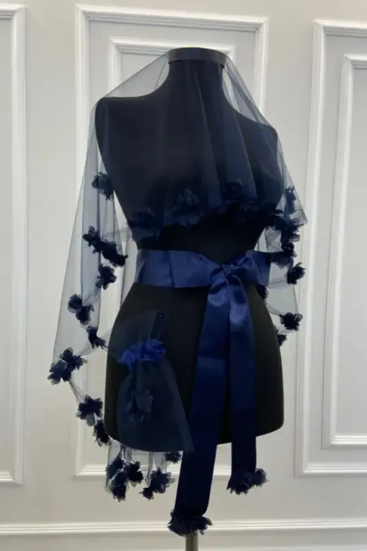 Navy Blue Three Dimensional Bridal Veil Set-Navy Blue - 3