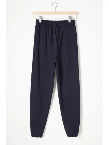 Navy Blue Three-Threaded Fleece Lined Elastic Waistband Kids Sweatpants 16762-Navy Blue - 1