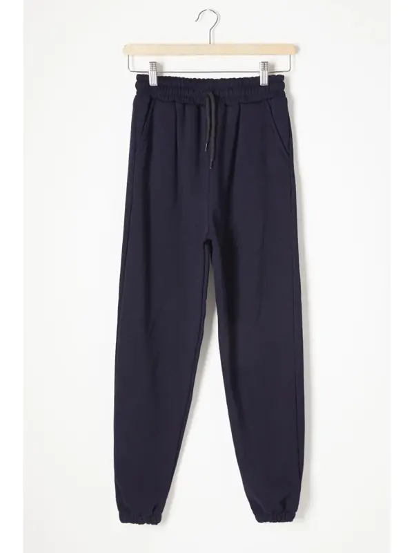 Navy Blue Three-Threaded Fleece Lined Elastic Waistband Kids Sweatpants 16762-Navy Blue - 1