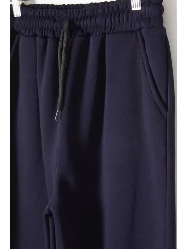 Navy Blue Three-Threaded Fleece Lined Elastic Waistband Kids Sweatpants 16762-Navy Blue - 2