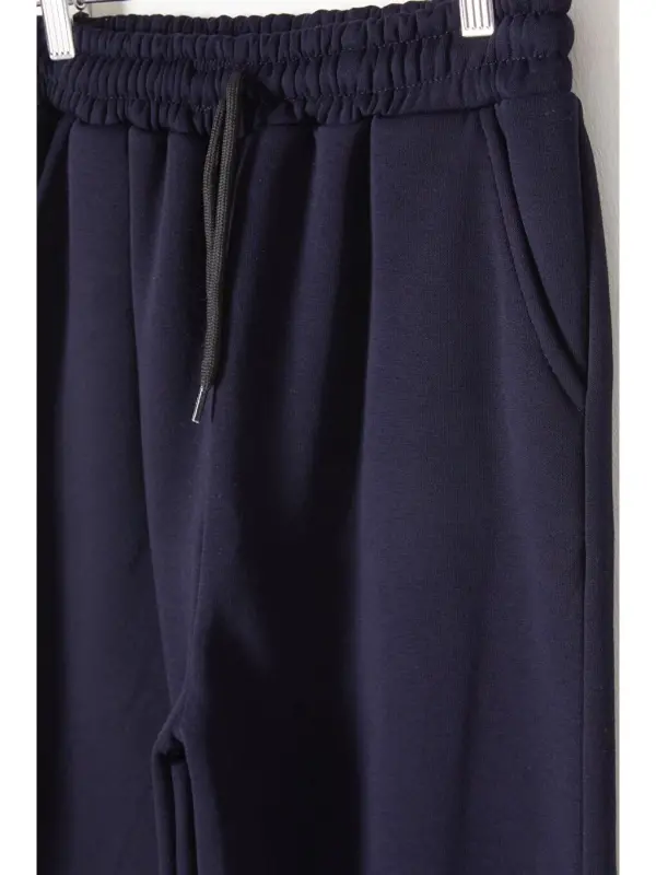 Navy Blue Three-Threaded Fleece Lined Elastic Waistband Kids Sweatpants 16762-Navy Blue - 2