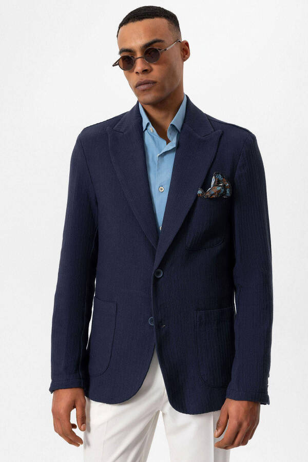 Navy Blue Unlined Men's Blazer Jacket with Patch Pockets - 15