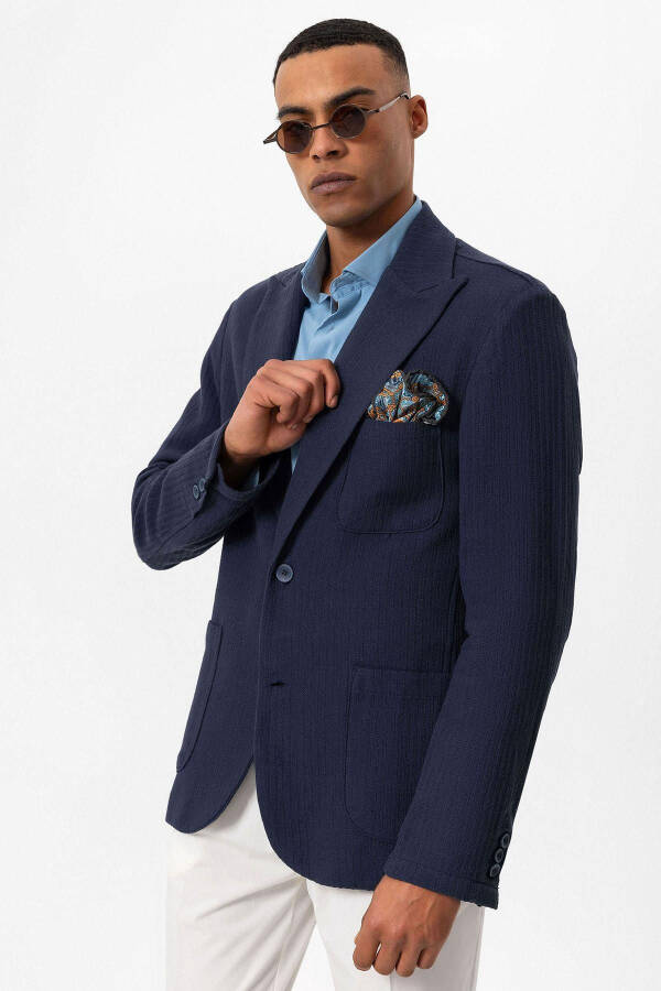 Navy Blue Unlined Men's Blazer Jacket with Patch Pockets - 11