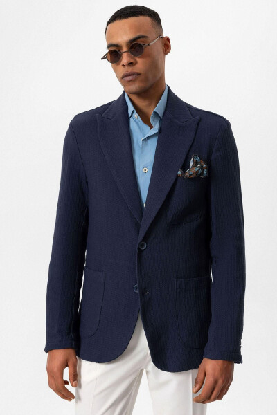 Navy Blue Unlined Men's Blazer Jacket with Patch Pockets - 1