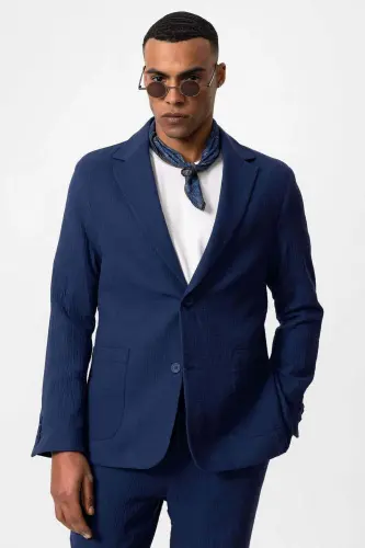 Navy Blue Unlined Pouch Pocket Men's Blazer Jacket - Navy Blue 