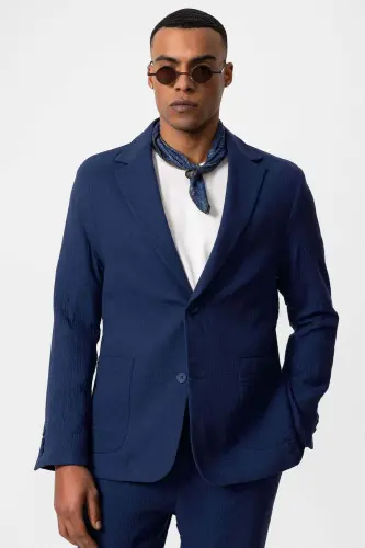 Navy Blue Unlined Pouch Pocket Men's Blazer Jacket - Navy Blue - 3