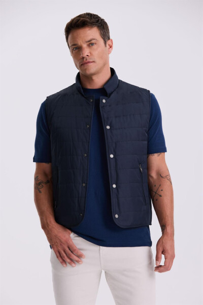 Navy Blue V-Neck Fiber Slim Fit Waistcoat - 6