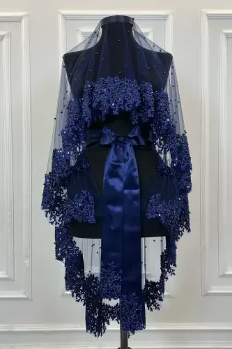 Navy Blue Vip Bridal Veil Set, Daisy Guipure Beaded Sequined Pearl Henna Veil Set 6 Pieces-Navy Blue - 1