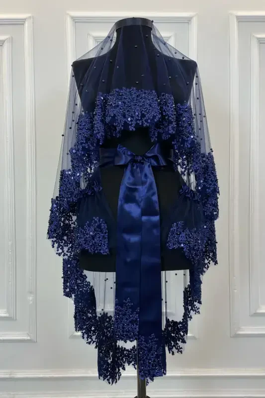 Navy Blue Vip Bridal Veil Set, Daisy Guipure Beaded Sequined Pearl Henna Veil Set 6 Pieces-Navy Blue - 1
