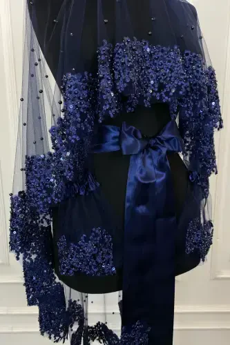 Navy Blue Vip Bridal Veil Set, Daisy Guipure Beaded Sequined Pearl Henna Veil Set 6 Pieces-Navy Blue - ZEYMERADE (1)