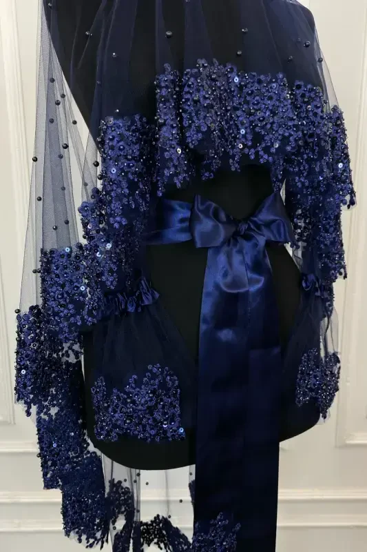 Navy Blue Vip Bridal Veil Set, Daisy Guipure Beaded Sequined Pearl Henna Veil Set 6 Pieces-Navy Blue - 2