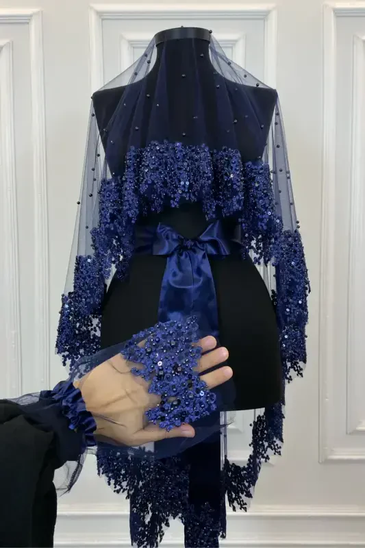 Navy Blue Vip Bridal Veil Set, Daisy Guipure Beaded Sequined Pearl Henna Veil Set 6 Pieces-Navy Blue - 3