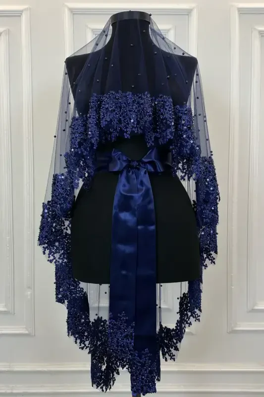 Navy Blue Vip Bridal Veil Set, Daisy Guipure Beaded Sequined Pearl Henna Veil Set 6 Pieces-Navy Blue - 5