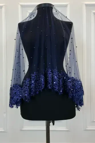 Navy Blue Vip Bridal Veil Set, Daisy Guipure Beaded Sequined Pearl Henna Veil Set 6 Pieces-Navy Blue - 6