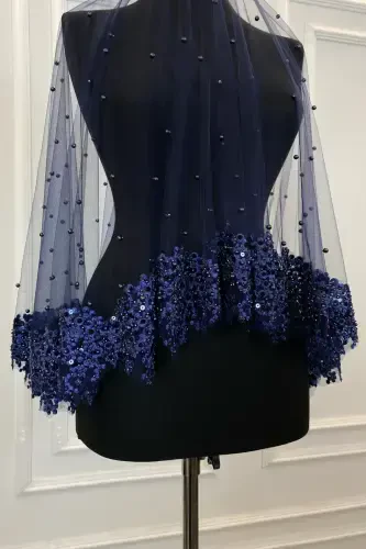 Navy Blue Vip Bridal Veil Set, Daisy Guipure Beaded Sequined Pearl Henna Veil Set 6 Pieces-Navy Blue - 7