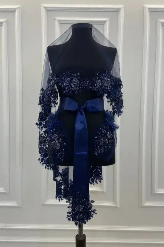 Navy Blue Vip Bridal Veil Set, Henna Veil Cover Set - Navy Blue - 1