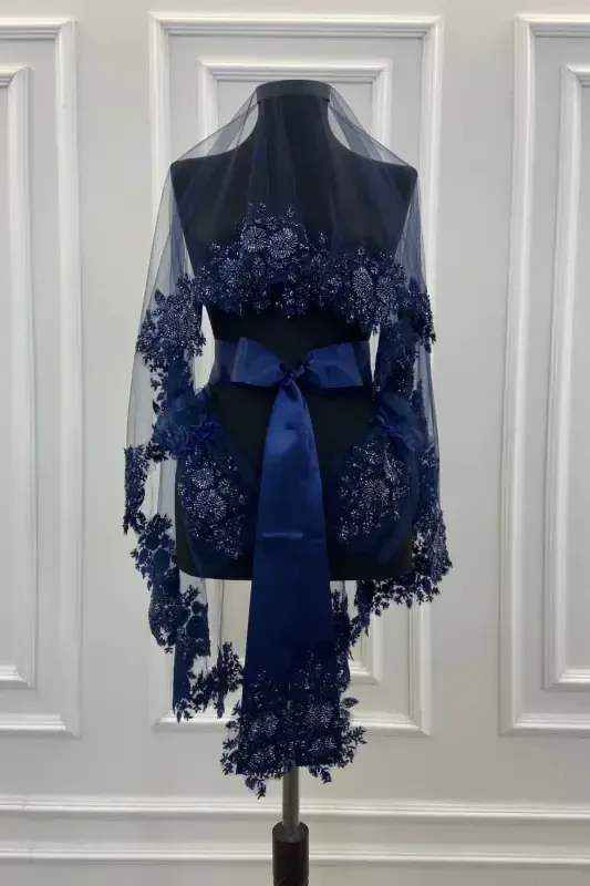 Navy Blue Vip Bridal Veil Set, Henna Veil Cover Set - Navy Blue - 4