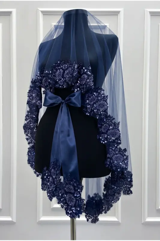 Navy Blue Vip Bridal Veil Set, Henna Veil Cover Set - Navy Blue - 4