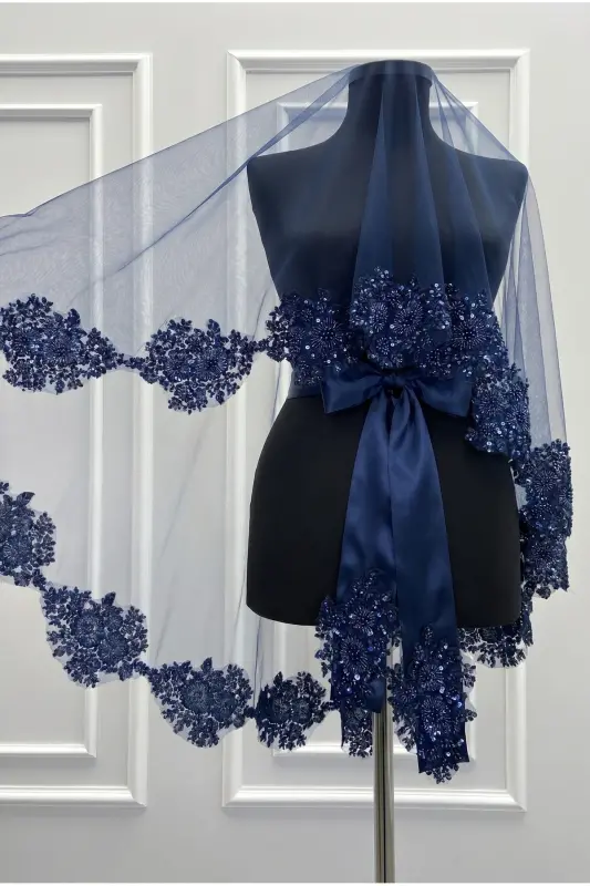 Navy Blue Vip Bridal Veil Set, Henna Veil Cover Set - Navy Blue - 5