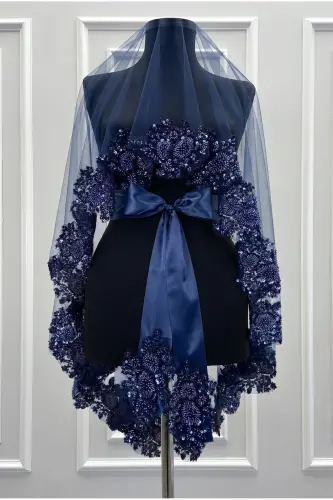 Navy Blue Vip Bridal Veil Set, Henna Veil Cover Set - Navy Blue - 6