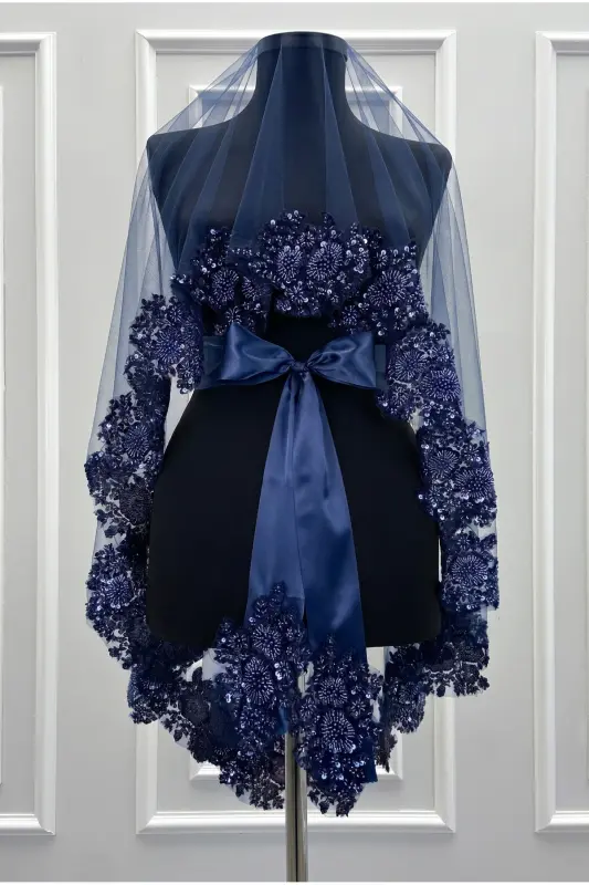 Navy Blue Vip Bridal Veil Set, Henna Veil Cover Set - Navy Blue - 6