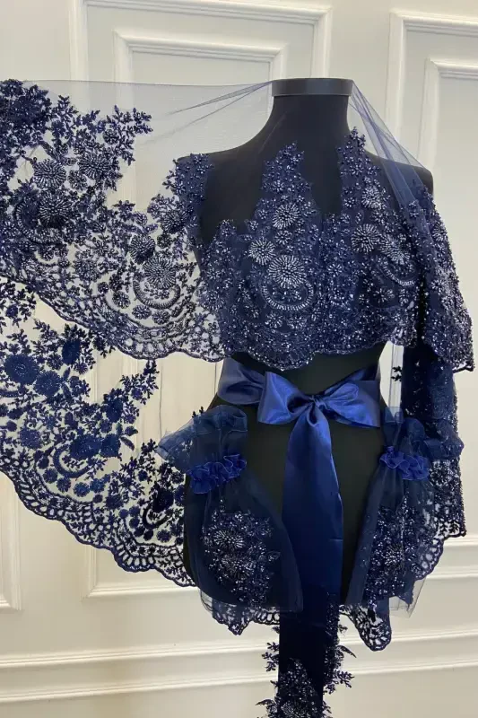 Navy Blue Vip Deluxe Bridal Veil Set-Navy Blue - 4