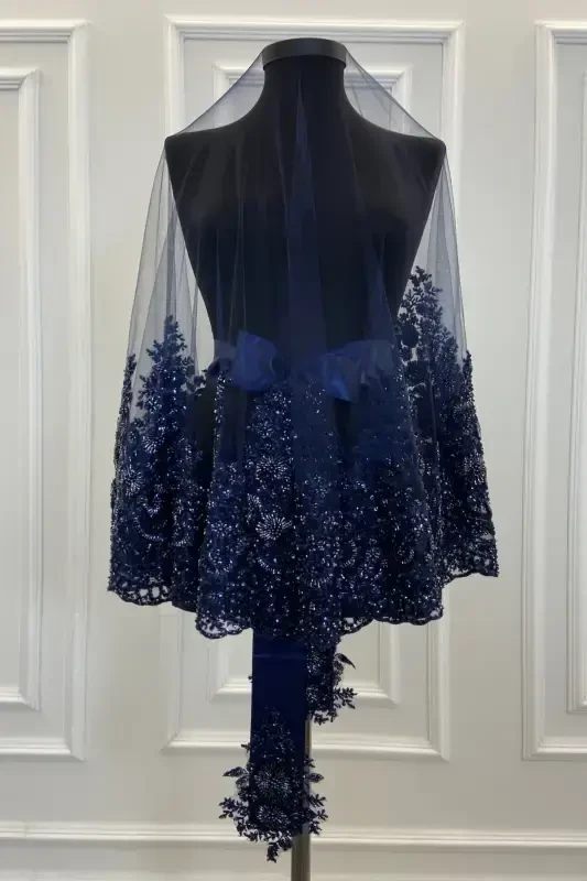 Navy Blue Vip Deluxe Bridal Veil Set-Navy Blue - 6