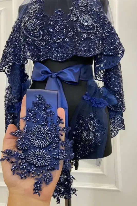 Navy Blue Vip Deluxe Bridal Veil Set-Navy Blue - 7