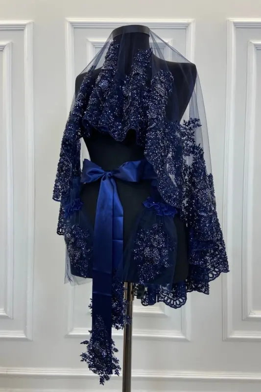 Navy Blue Vip Deluxe Bridal Veil Set-Navy Blue - ZEYMERADE