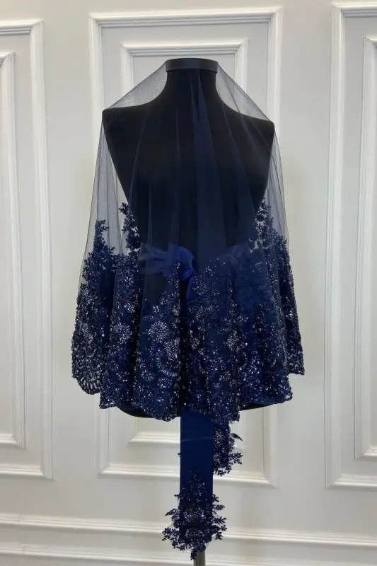 Navy Blue Vip Deluxe Bridal Veil Set-Navy Blue - 5