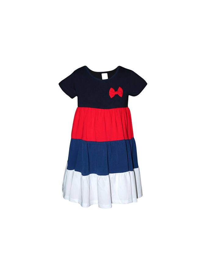 Navy Blue + White Girl Short Sleeve Bow Detailed Colorful Tiered Dress-Navy Blue - 1