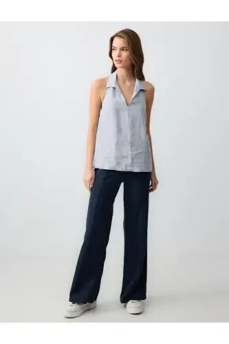 Navy Blue Wide Leg High Waisted Linen Pants - 1
