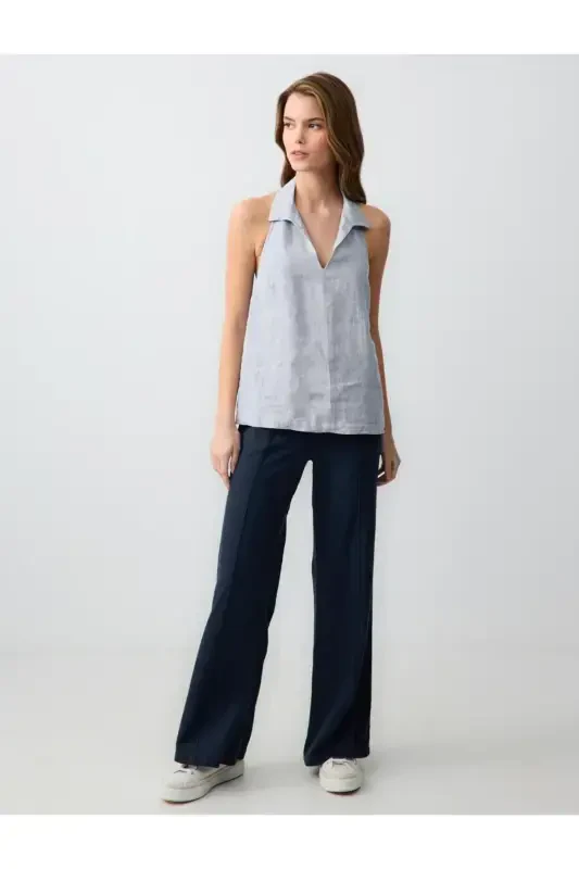 Navy Blue Wide Leg High Waisted Linen Pants - Jimmy Key