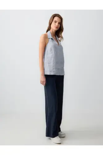 Navy Blue Wide Leg High Waisted Linen Pants - Jimmy Key (1)