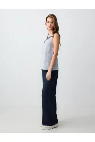 Navy Blue Wide Leg High Waisted Linen Pants - 3