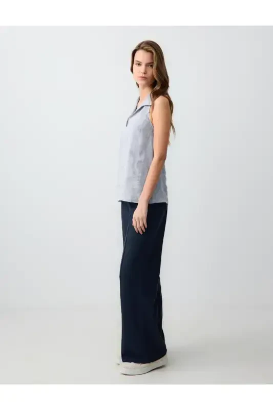 Navy Blue Wide Leg High Waisted Linen Pants - 3