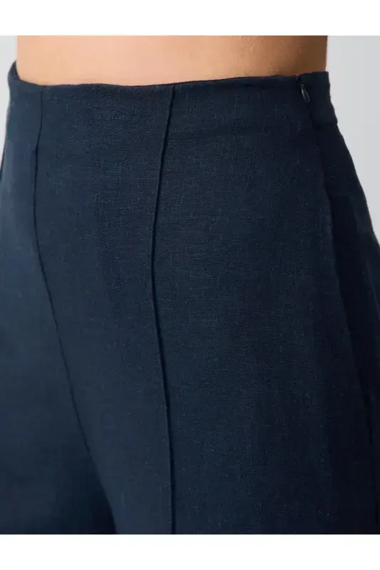Navy Blue Wide Leg High Waisted Linen Pants - 5