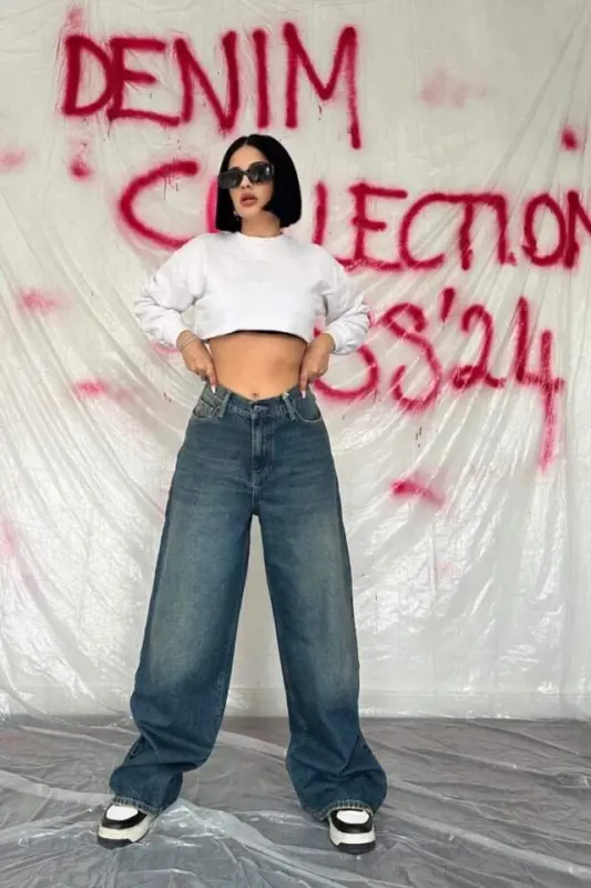 Navy Blue Wide Leg Jeans Pants - BÜYÜKBEDENIZ