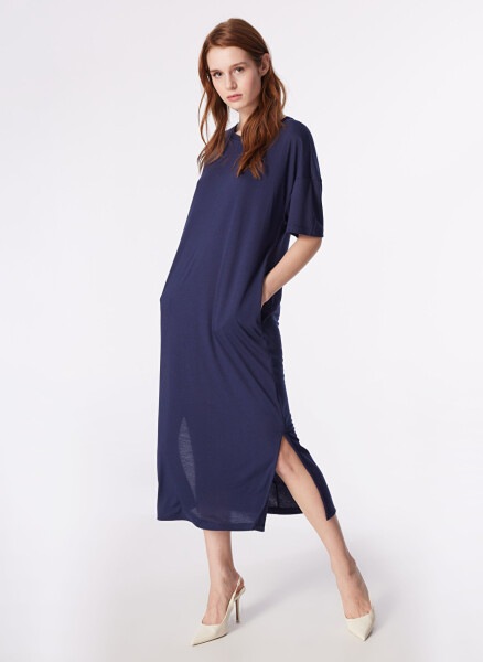 Navy Blue Women's Basic Bike Collar Dress - 1