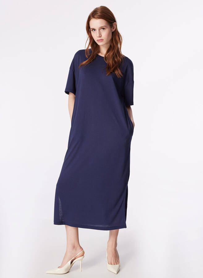 Navy Blue Women's Basic Bike Collar Dress - 6