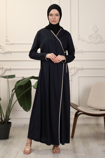 Navy Blue Wrap Collar Interlock Fabric Prayer Dress - 3