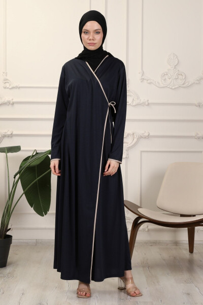 Navy Blue Wrap Collar Interlock Fabric Prayer Dress - 4