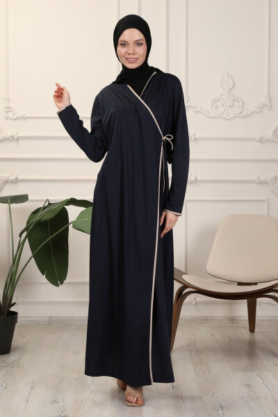 Navy Blue Wrap Collar Interlock Fabric Prayer Dress - 5