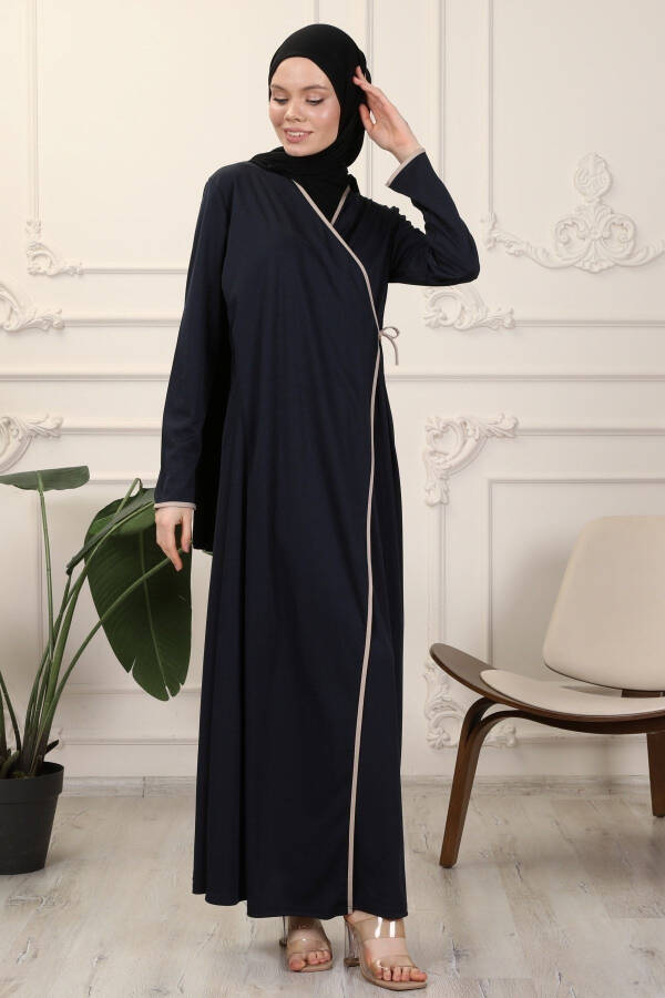 Navy Blue Wrap Collar Interlock Fabric Prayer Dress - 7