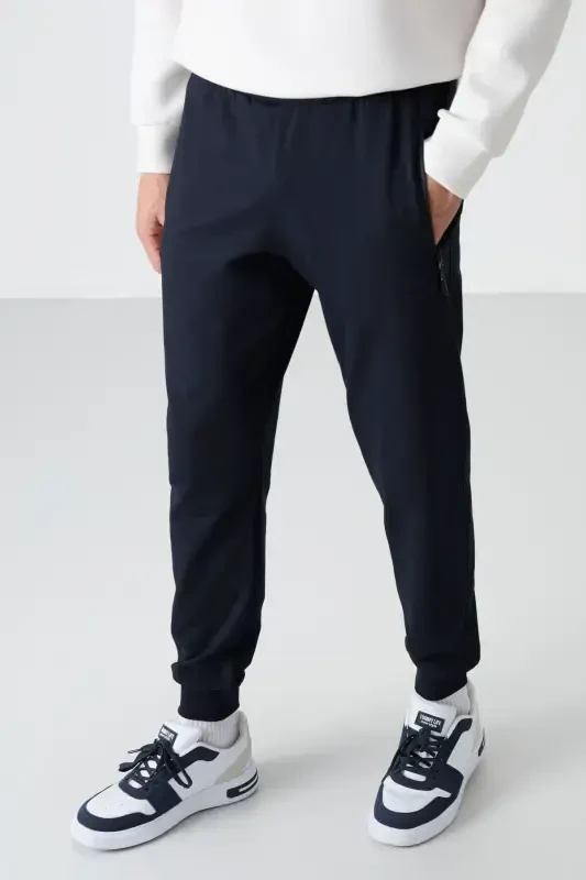 Navy Blue Zipper Pocket Standard Fit Jogger Men's Sweatpants - 84587-LACİ - 1